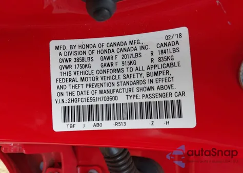 2018 Honda Civic Si из США, поврежденный, VIN 2HGFC1E56JH703600